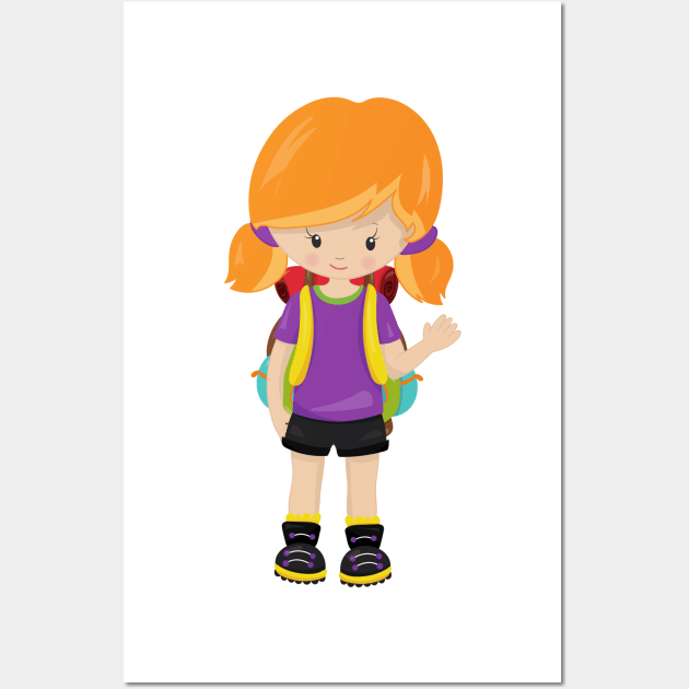 Camping, Campers, Cute Girl, Orange Hair, Backpack Wall Art by Jelena Dunčević